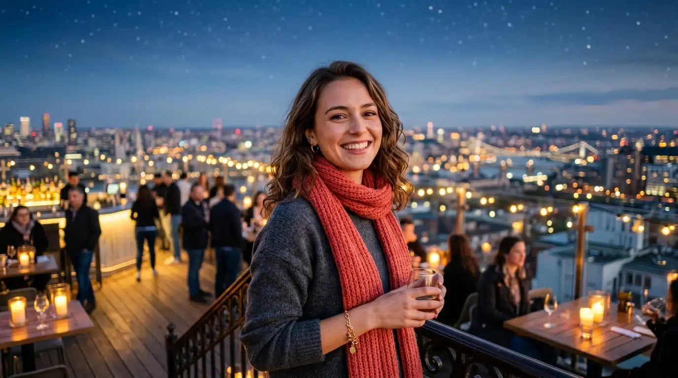 Femme au foulard corail et bracelet doré au crépuscule