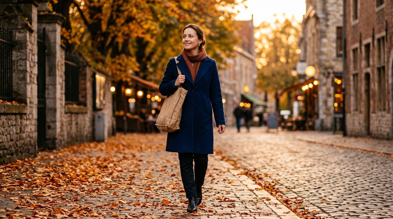 Femme en manteau bleu nuit avec un tote bag beige