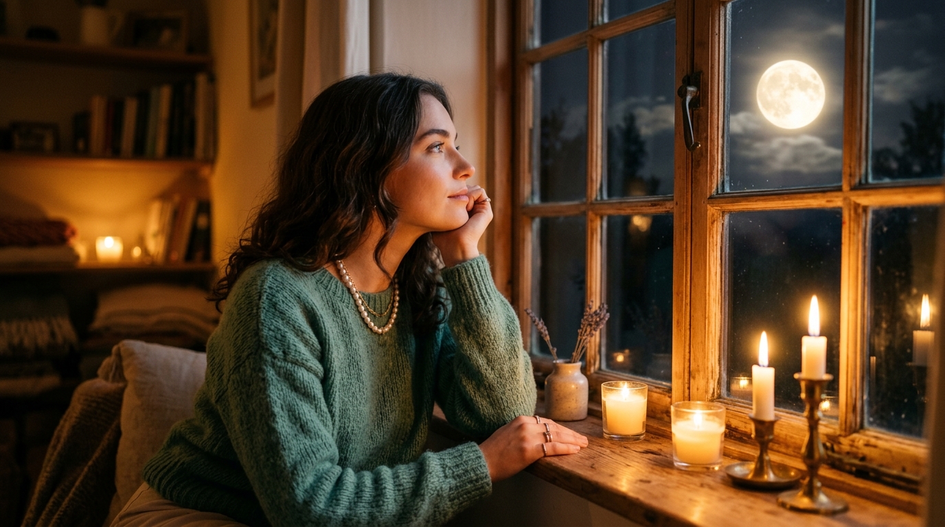 Femme rêveuse aux perles regardant la pleine lune