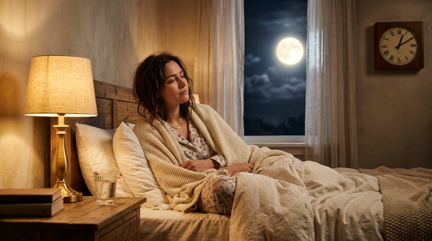 Femme éveillée la nuit sous la Pleine Lune