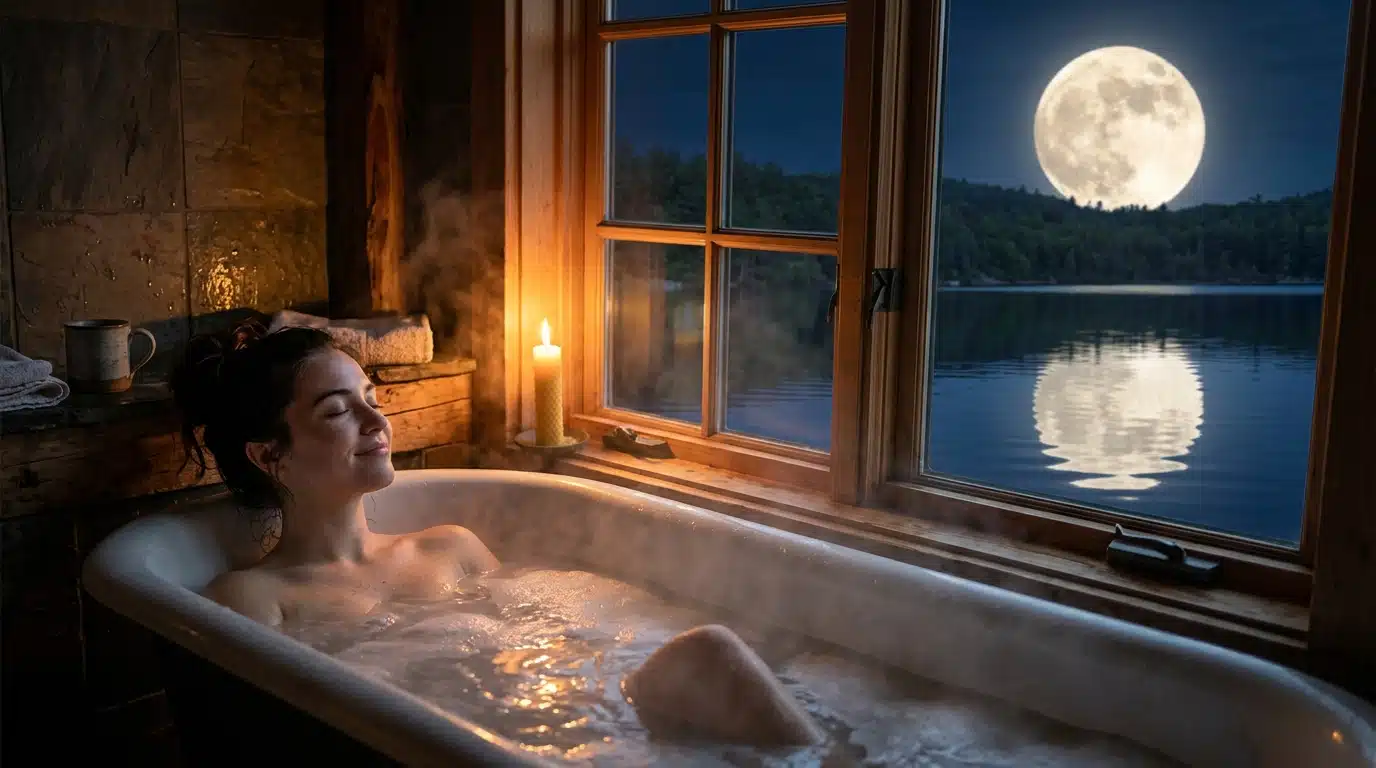 Femme détendue dans un bain sous la lumière de la Lune