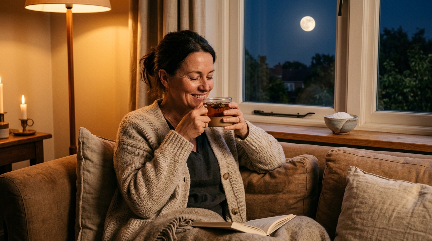 Femme savourant une tisane après le rituel de la pleine lune