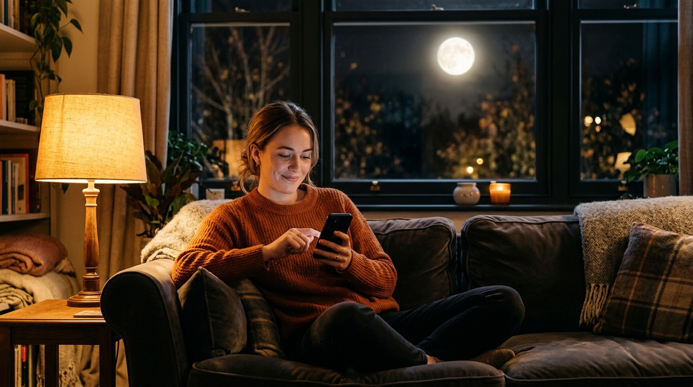 Femme hésitant devant son téléphone sous la pleine Lune