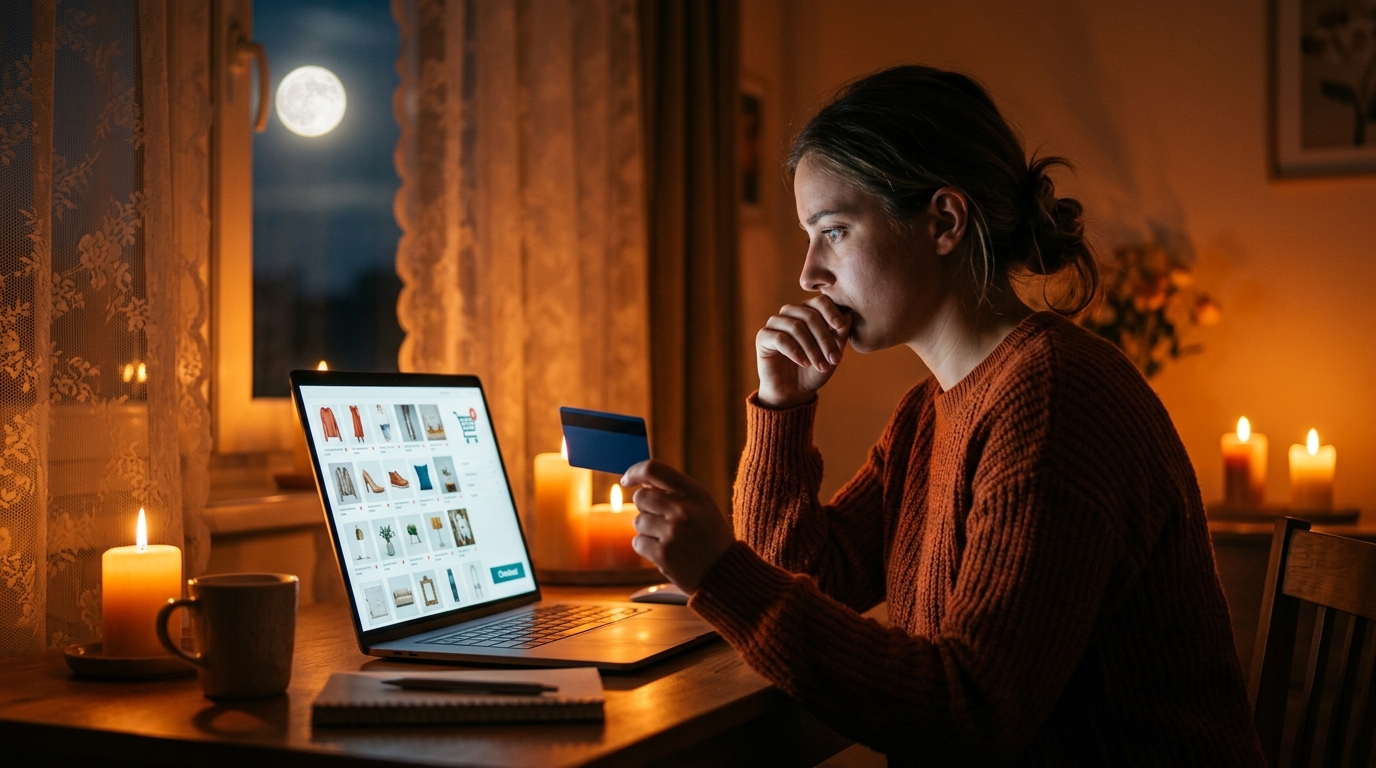 Femme tentée par un achat en ligne la nuit