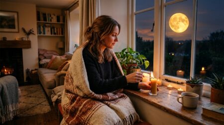 Femme allumant une bougie sous la Pleine Lune