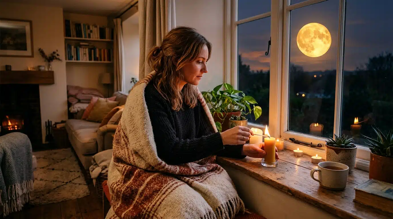 Femme allumant une bougie sous la Pleine Lune
