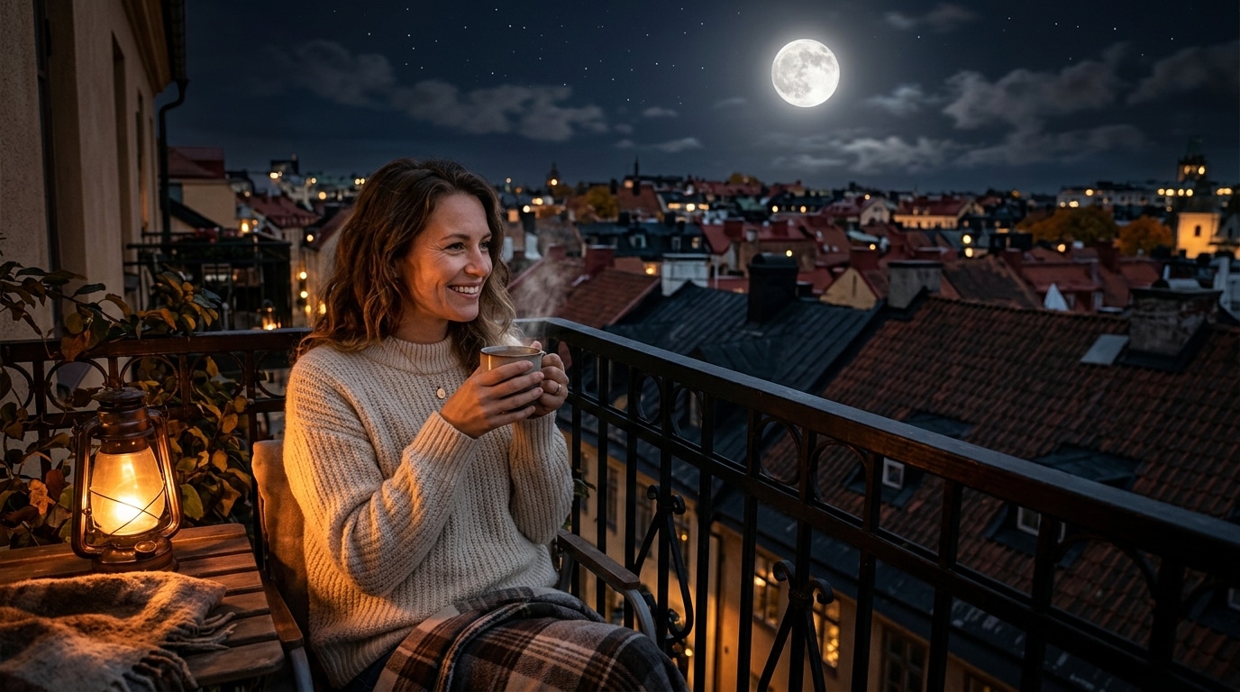 Femme avec une boisson chaude regardant la Pleine Lune