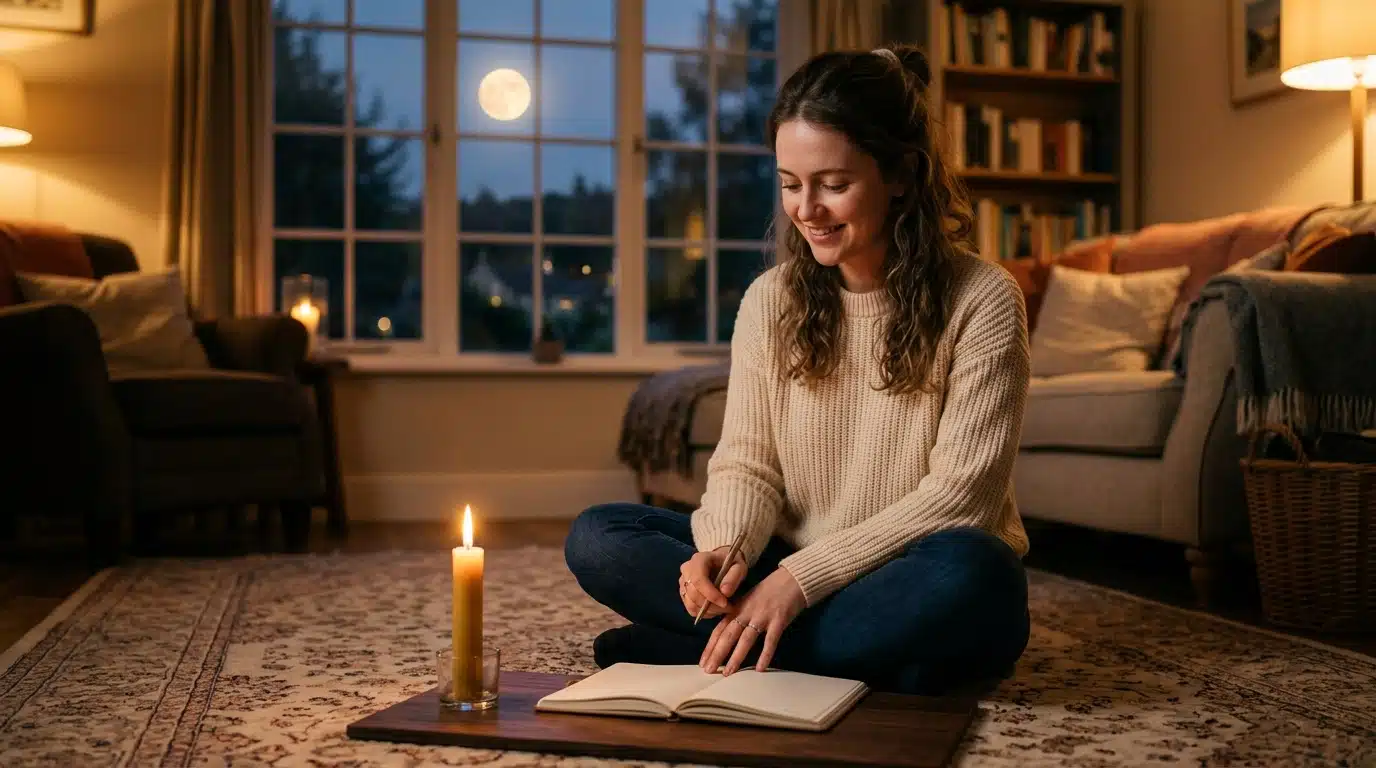 Femme avec bougie et carnet sous la Pleine Lune