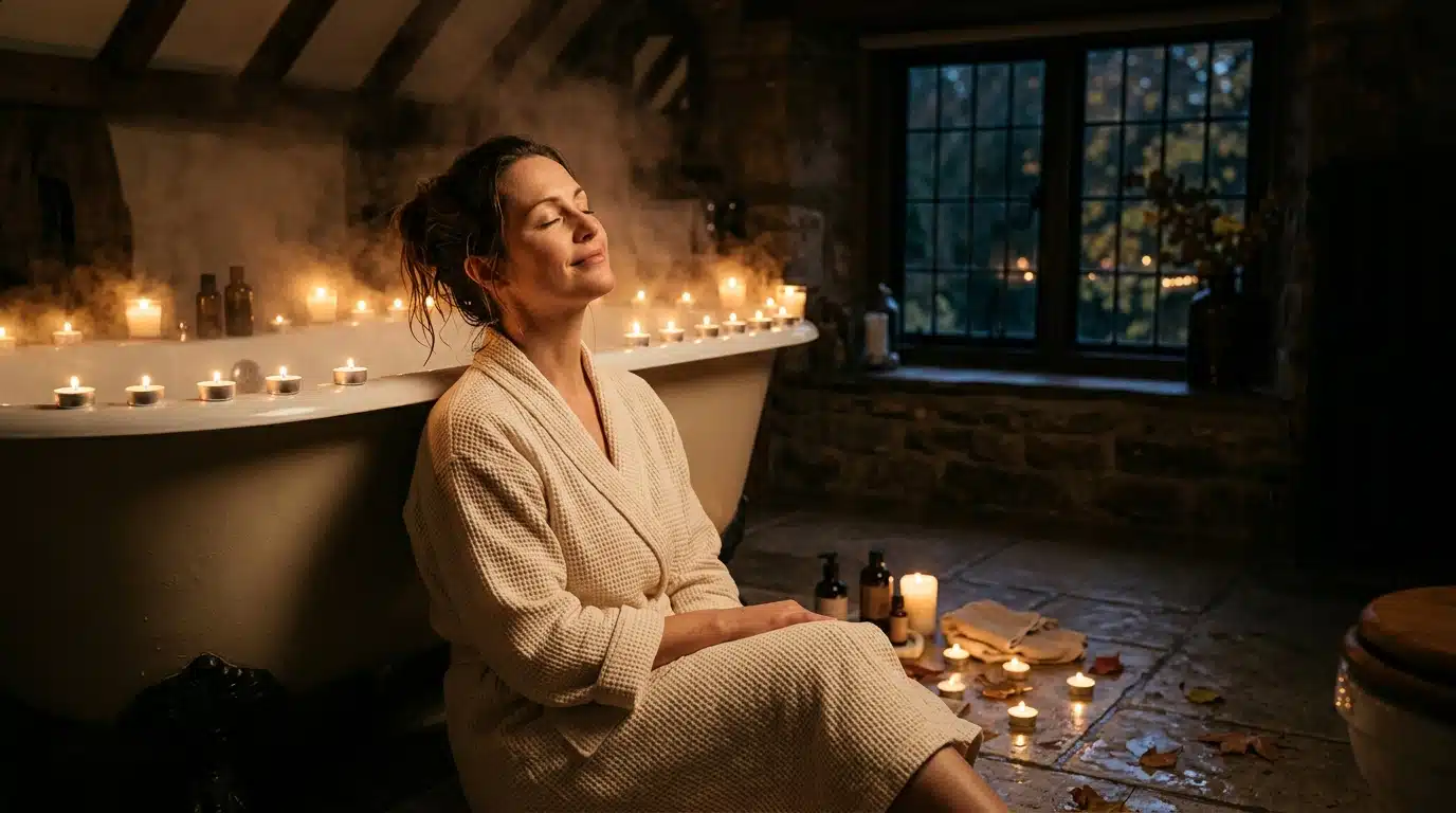 Femme détendue dans un bain aux bougies, ambiance Pleine Lune