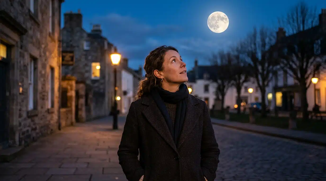 Passant levant les yeux vers la Lune au crépuscule