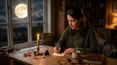 Femme écrivant un vœu à la bougie sous la Pleine Lune