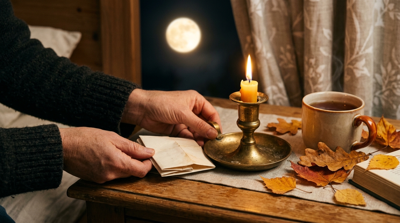 Vœu plié glissé sous un bougeoir au clair de lune