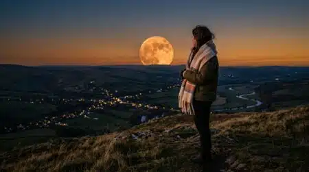 Femme observant le lever de la pleine Lune depuis une colline