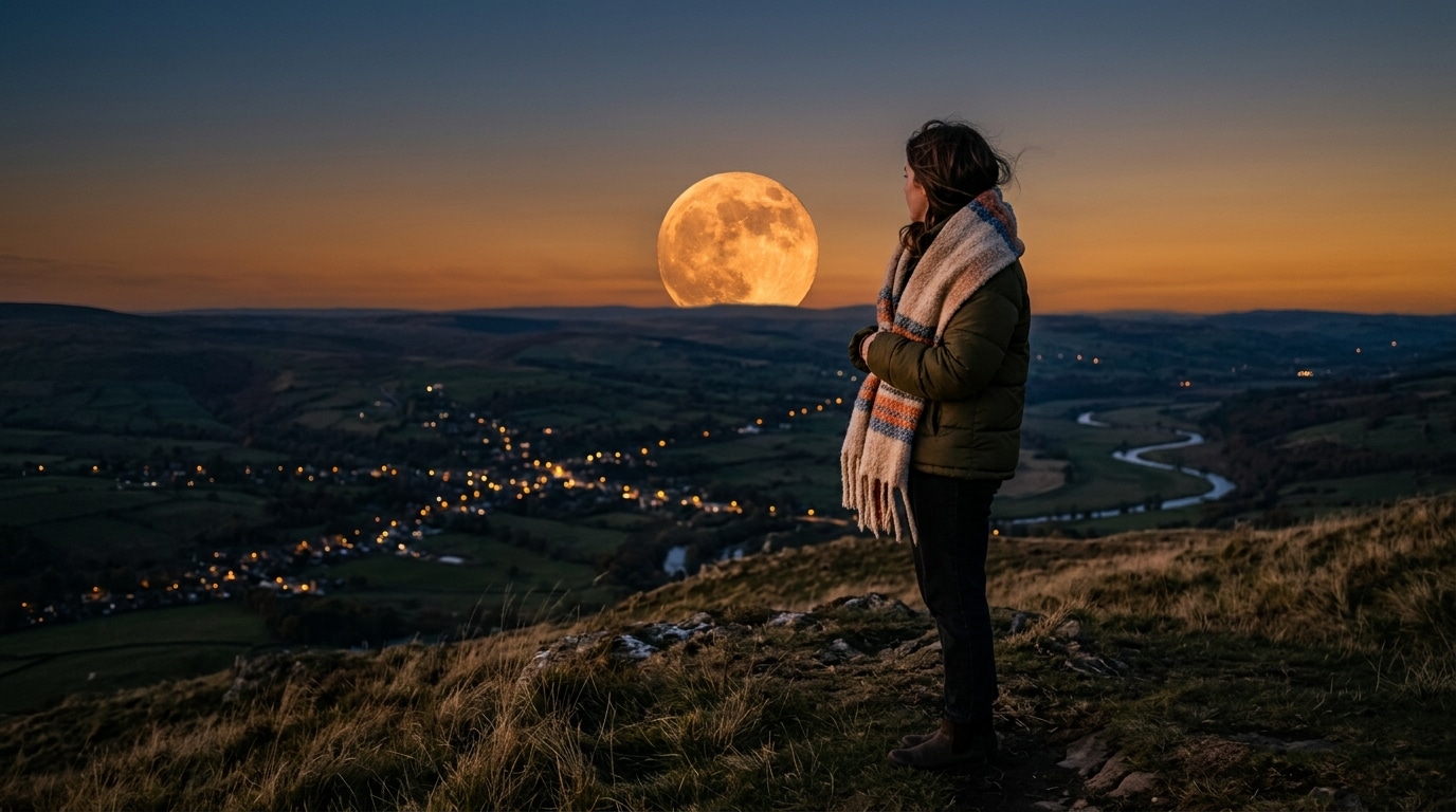 Femme observant le lever de la pleine Lune depuis une colline