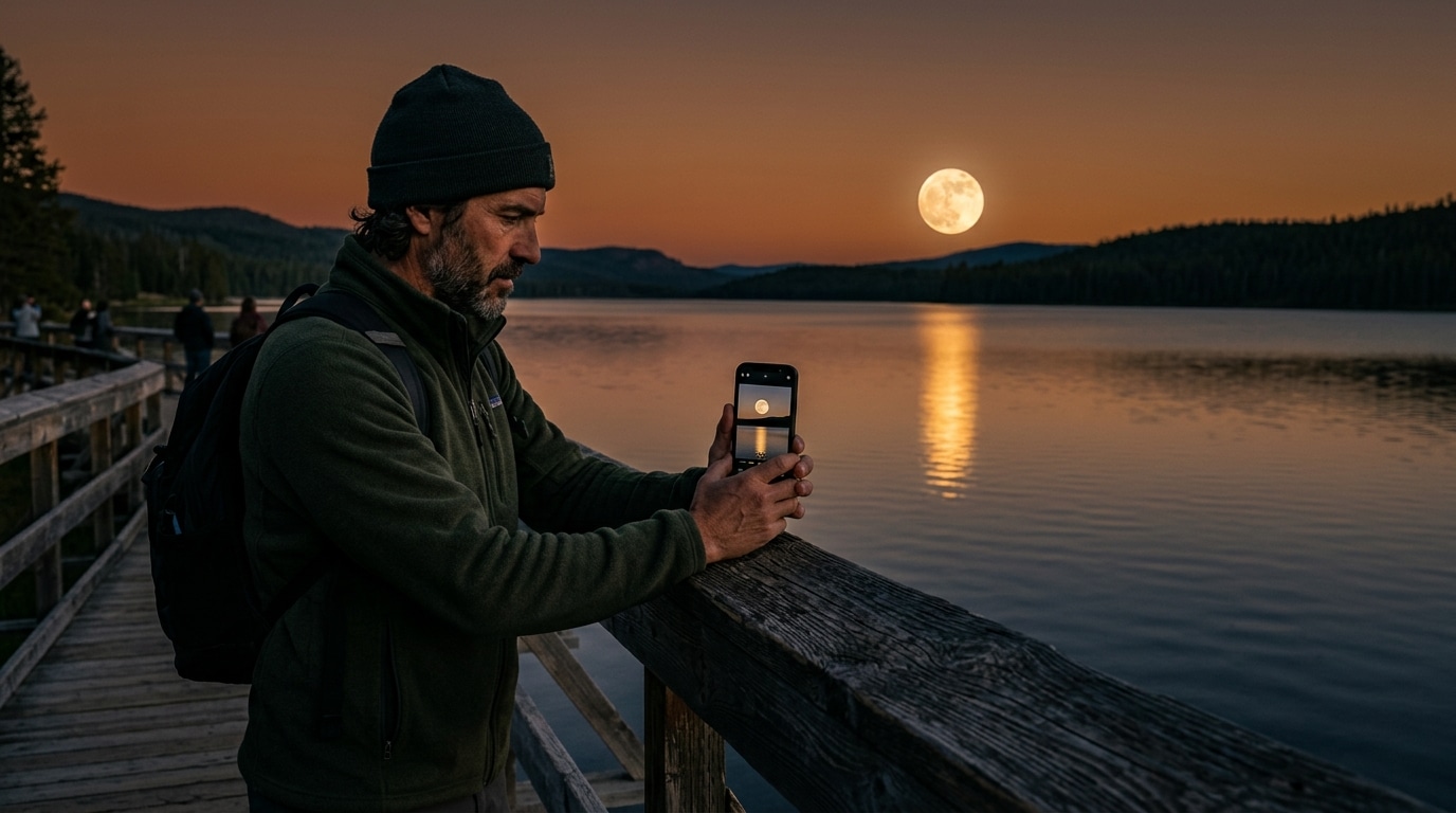 Homme photographiant la pleine Lune au smartphone au bord d'un lac