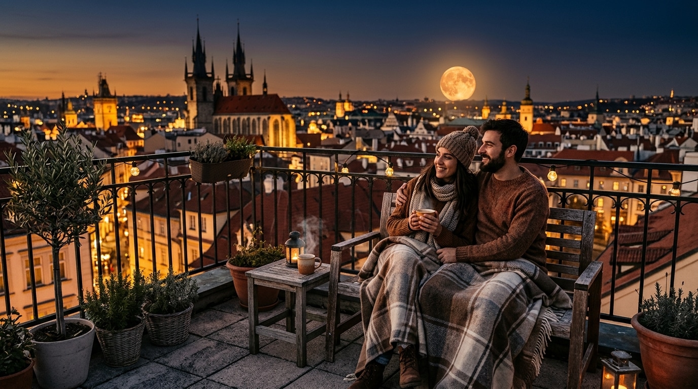 Couple admirant la pleine Lune depuis un toit-terrasse