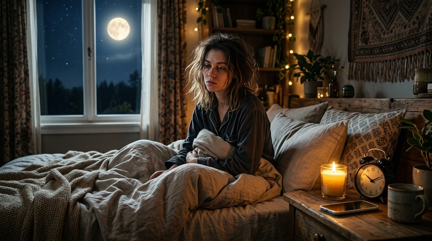 Femme réveillée la nuit sous la pleine Lune dans sa chambre