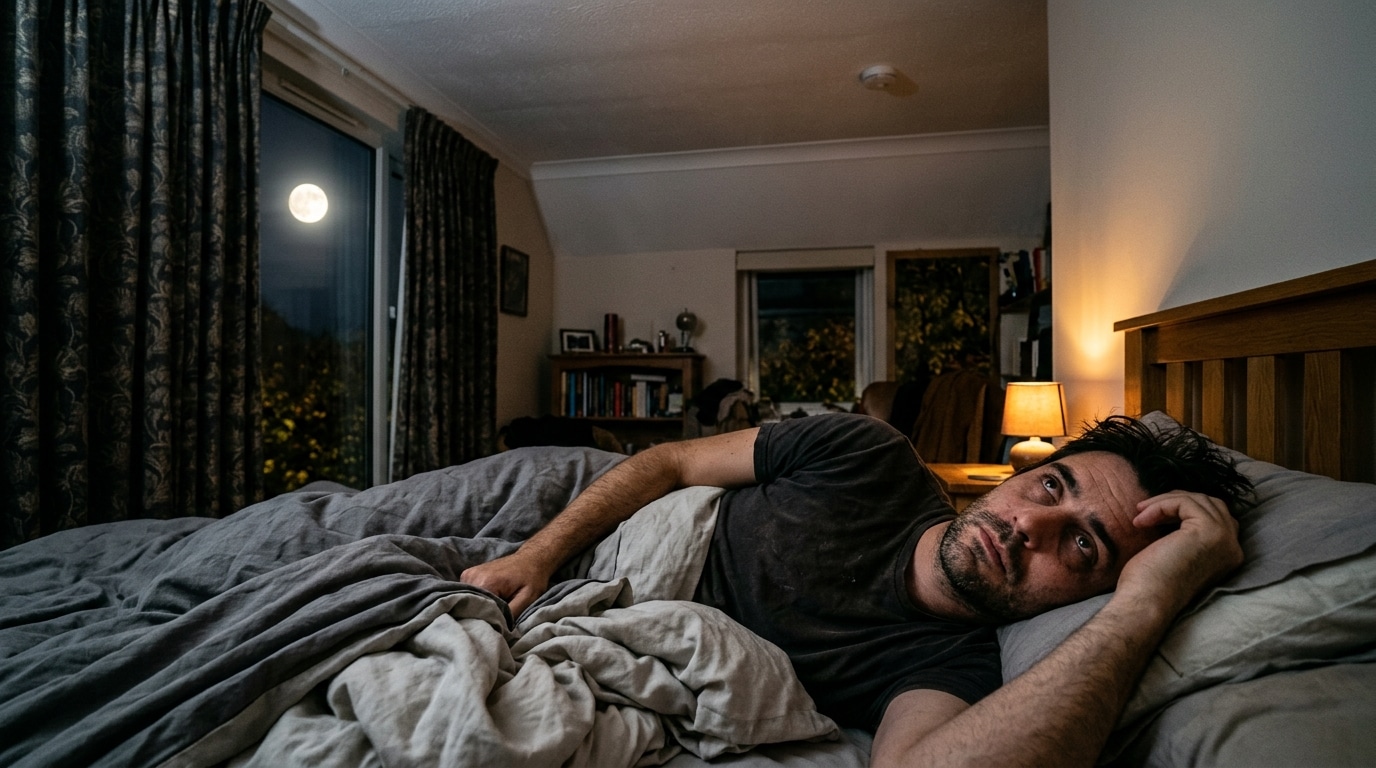 Homme éveillé dans son lit, éclairé par la pleine Lune
