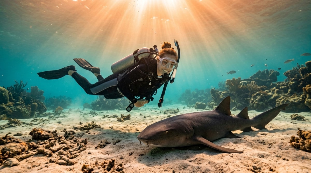 Plongeuse souriante près d'un requin nourrice immobile sur le sable