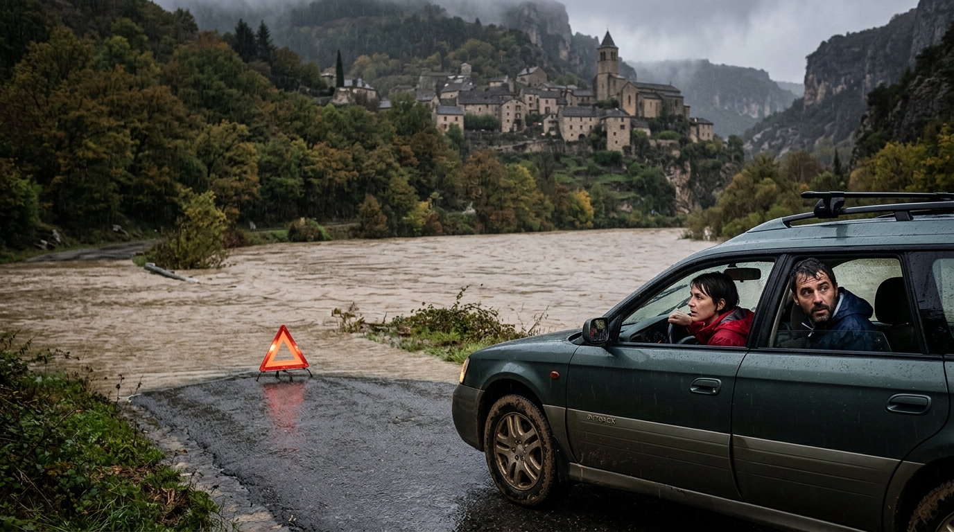 Route inondée dans les Cévennes devant une voiture arrêtée