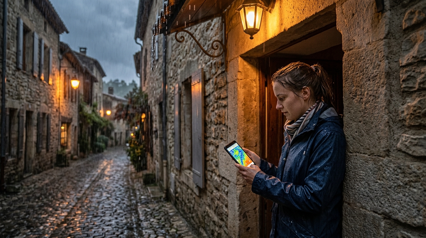 Femme consultant la météo sur son téléphone sous la pluie