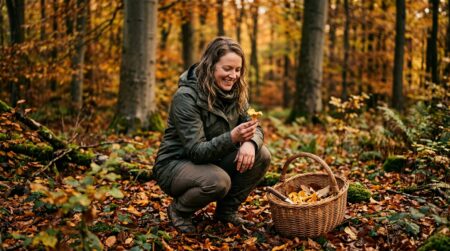 Cueilleuse tenant une girolle dans une forêt humide
