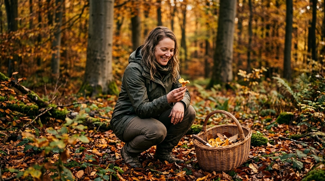 Cueilleuse tenant une girolle dans une forêt humide