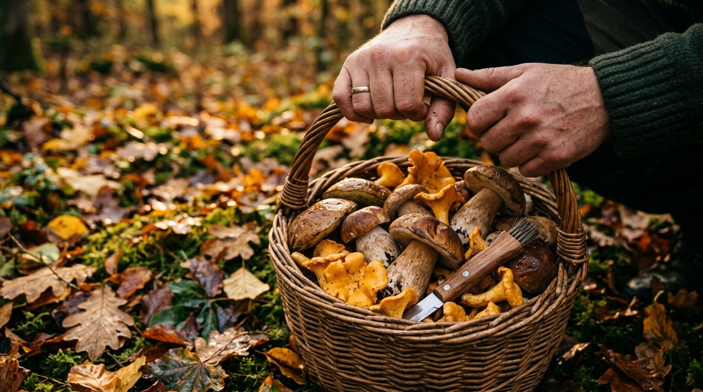 Panier en osier rempli de cèpes et de girolles