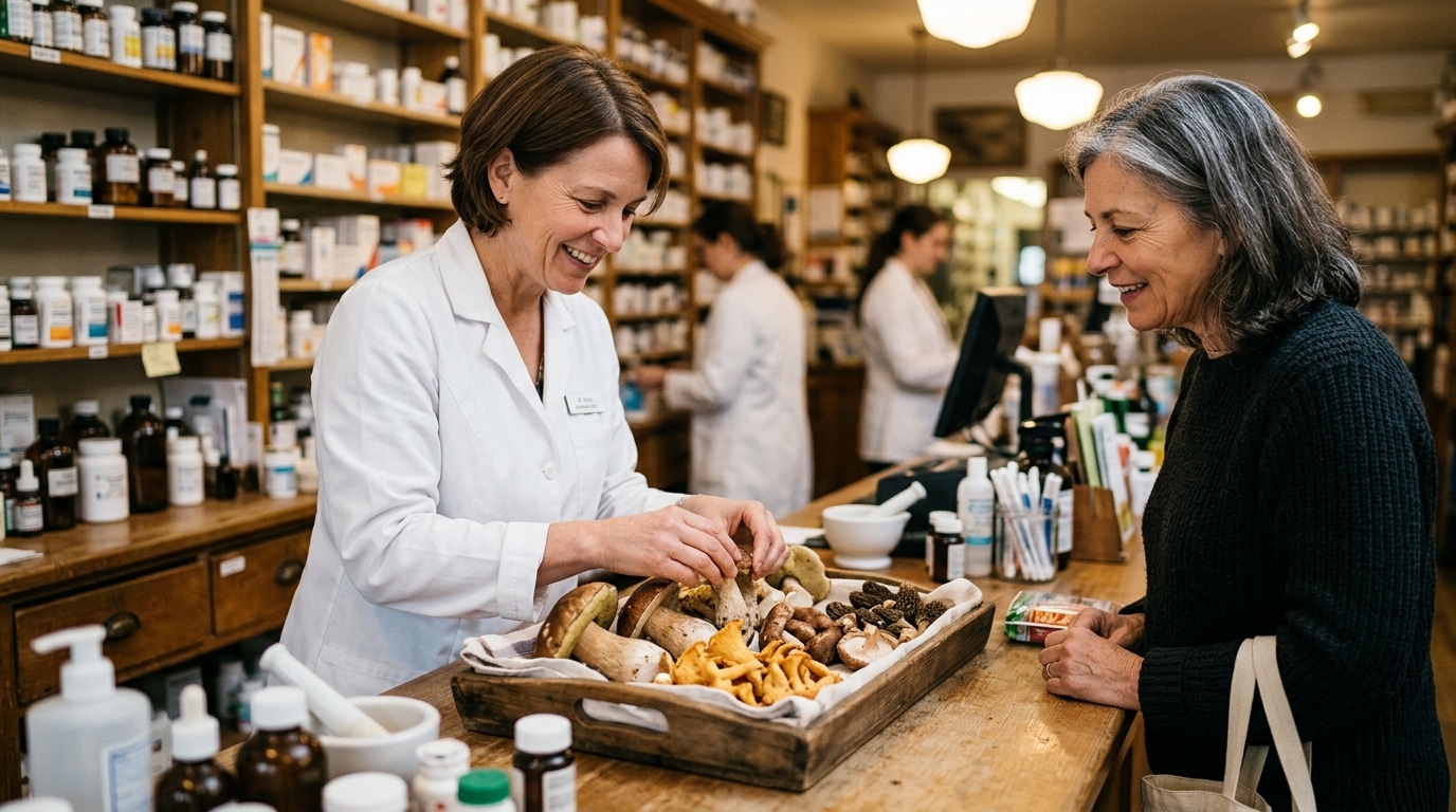 Pharmacien examinant une récolte de champignons au comptoir