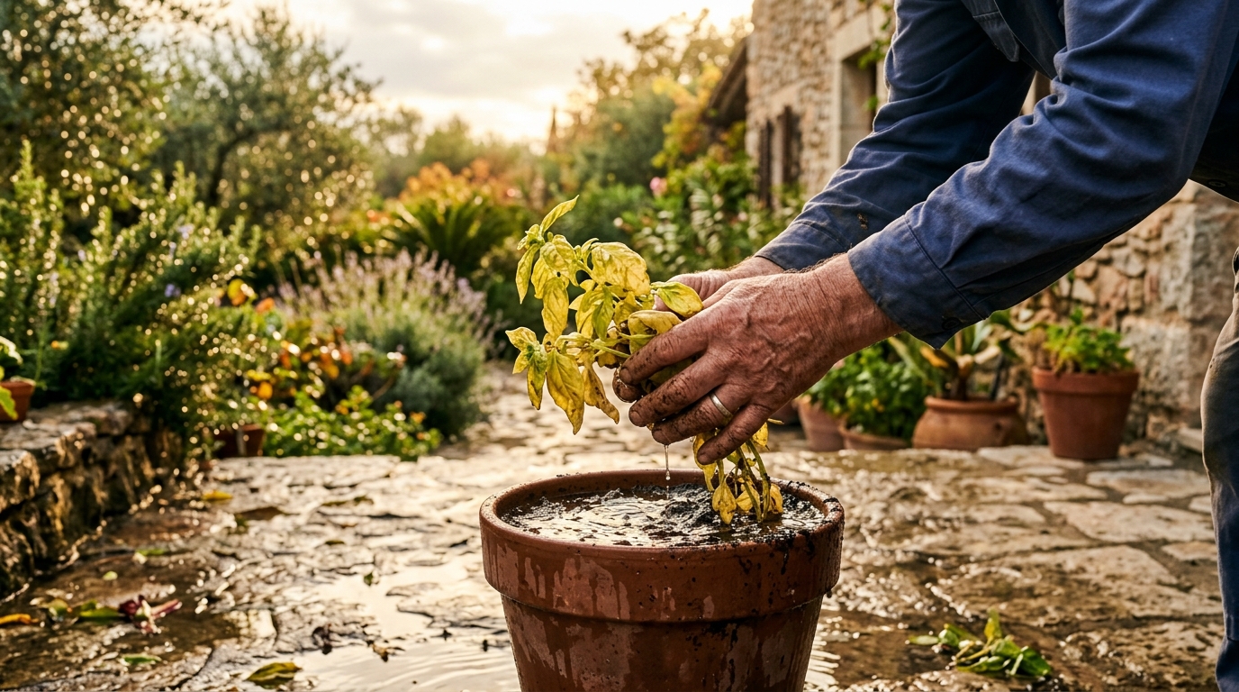 Mains tenant des feuilles jaunies au-dessus d'un pot détrempé