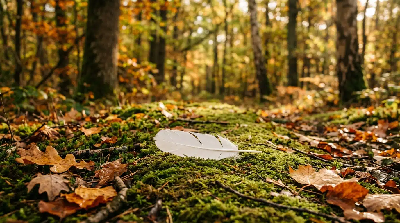 Plume blanche posée sur un sentier forestier d'automne