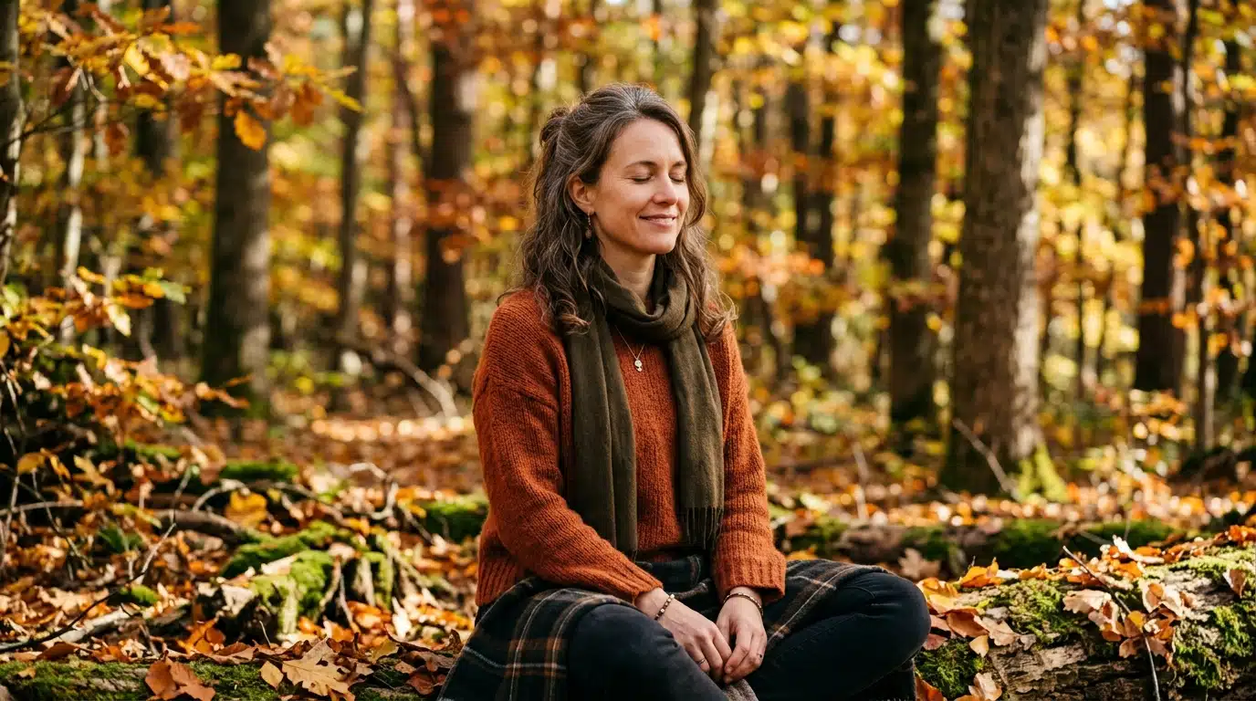 Personne sereine assise seule dans une forêt en automne