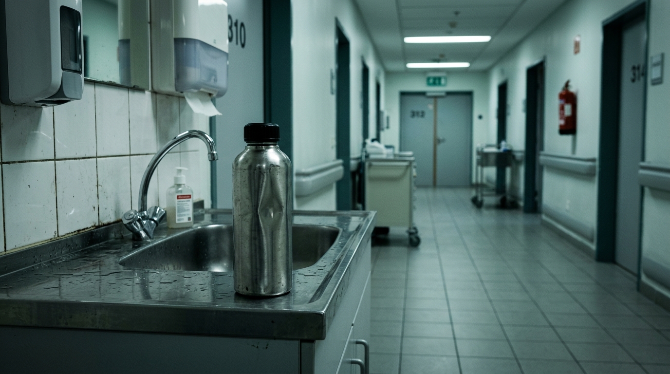 Gourde métallique posée sur un lavabo dans un couloir d'hôpital