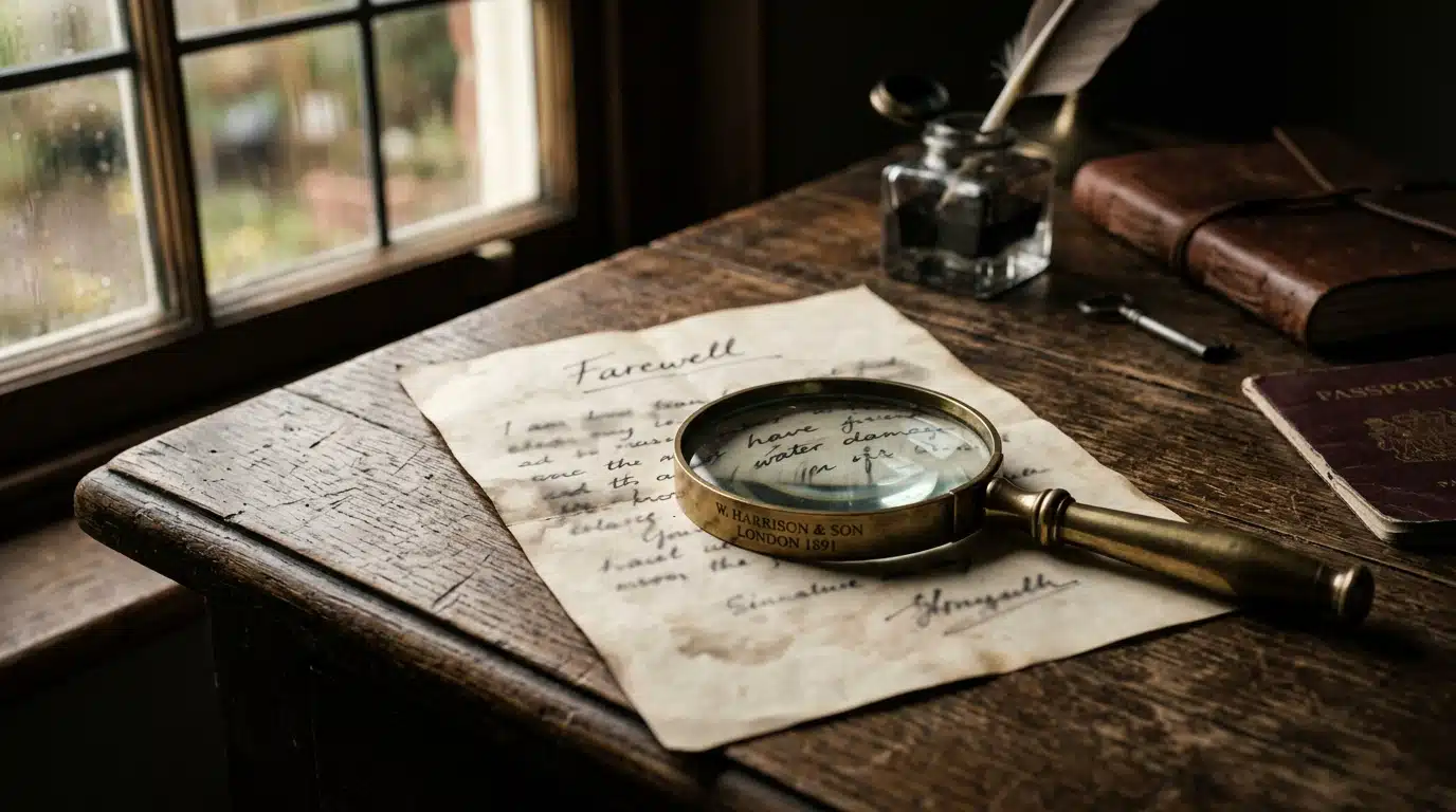 Loupe posée sur une lettre manuscrite d'adieu sur un bureau en bois