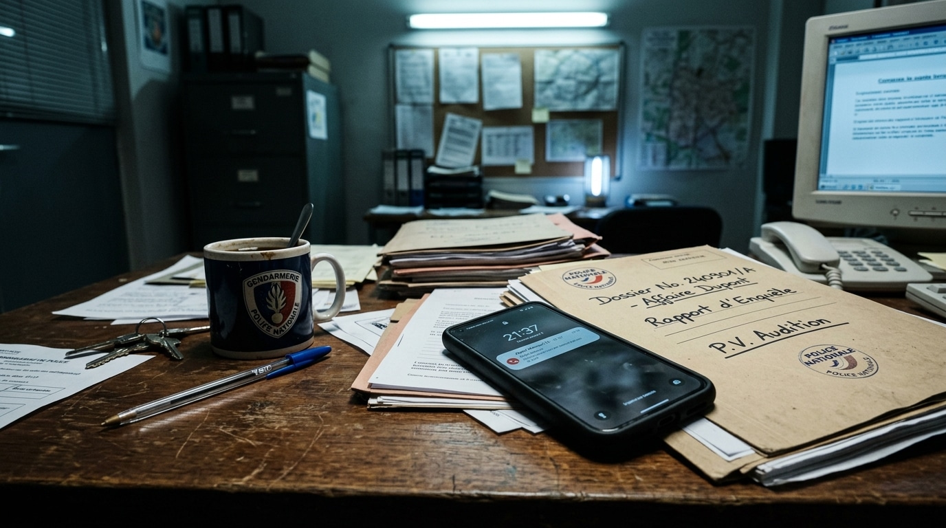 Téléphone posé sur un bureau de commissariat parmi des dossiers d'enquête