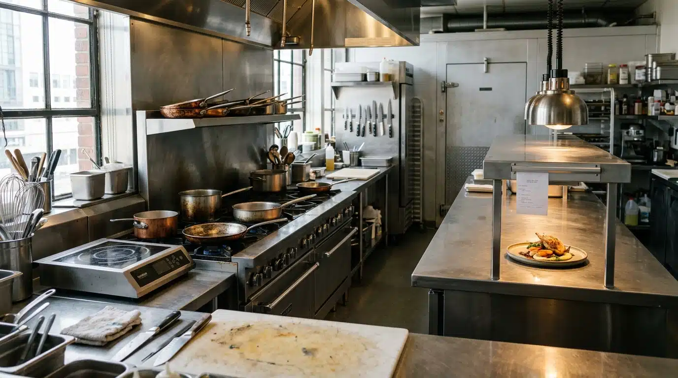 Cuisine de restaurant sous tension au moment du service de midi