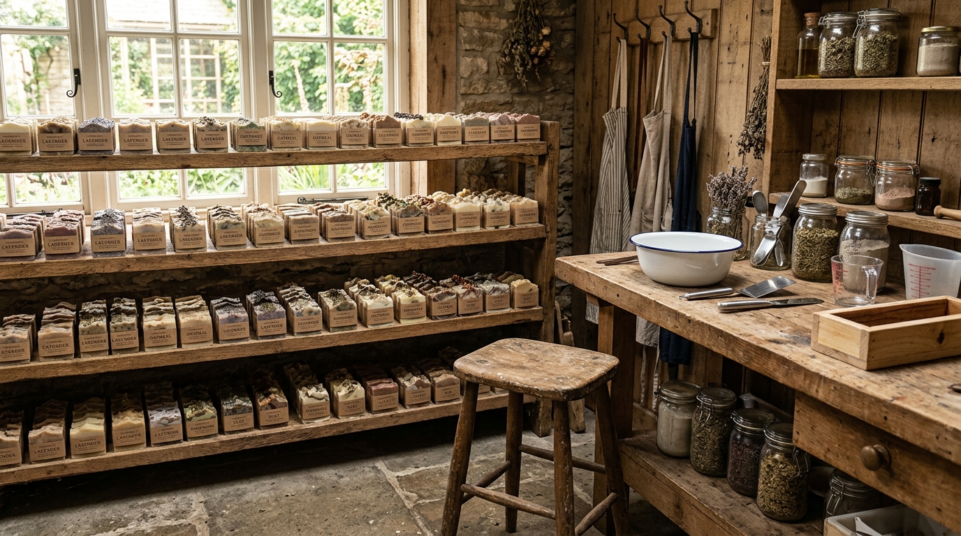 Atelier de savonnerie artisanale avec savons empilés