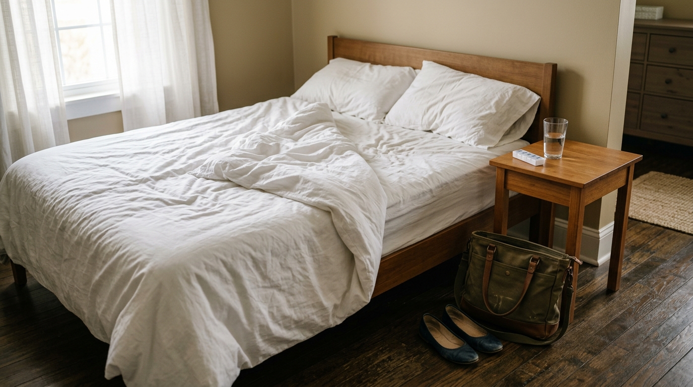 Chambre silencieuse au petit matin, lit défait et sac de travail posé au sol