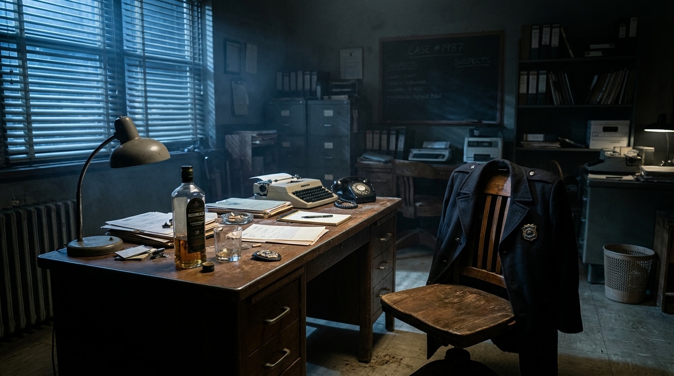 Bureau de commissariat de nuit avec bouteille et papiers