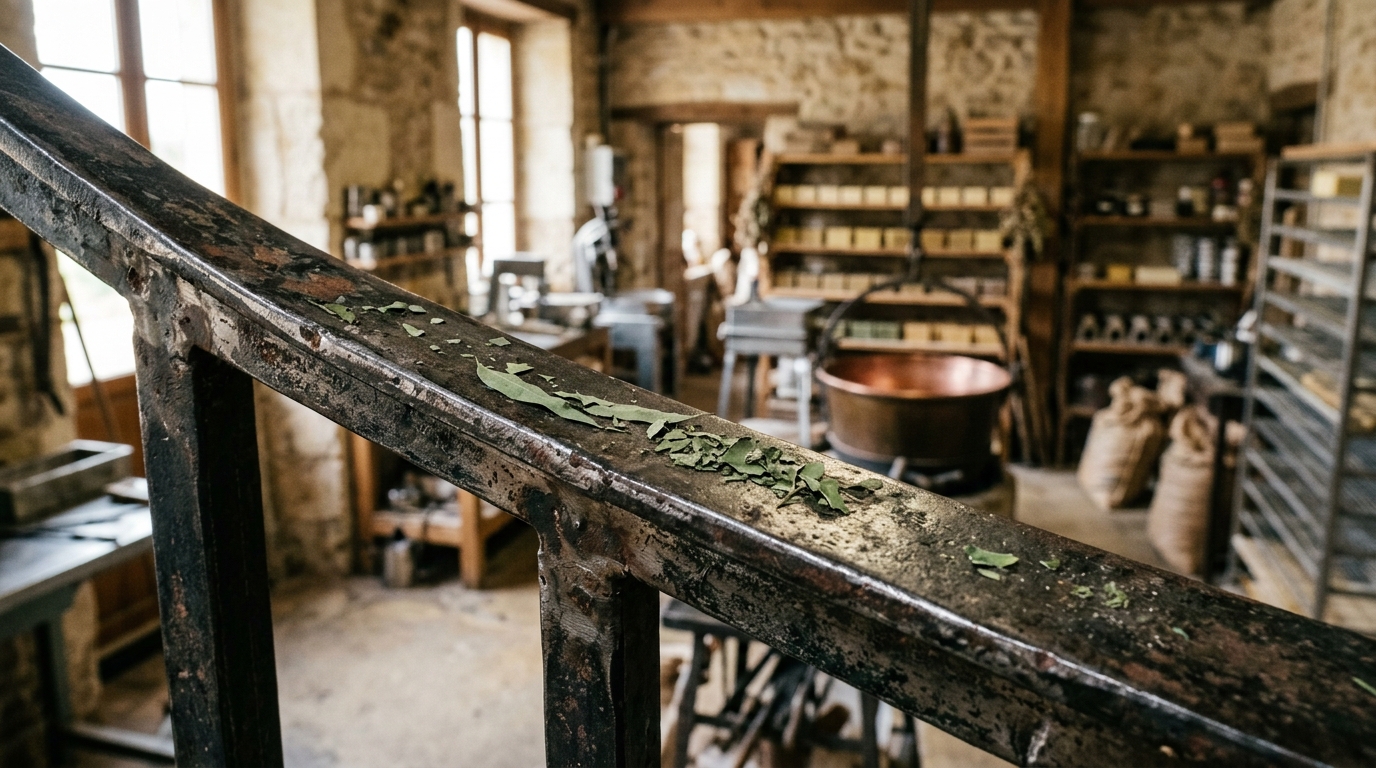 Rambarde d'atelier avec résidus de feuilles d'eucalyptus