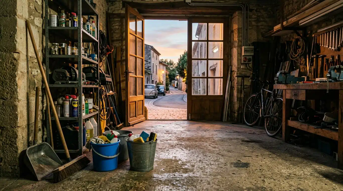 Atelier au crépuscule, porte ouverte sur une rue déserte
