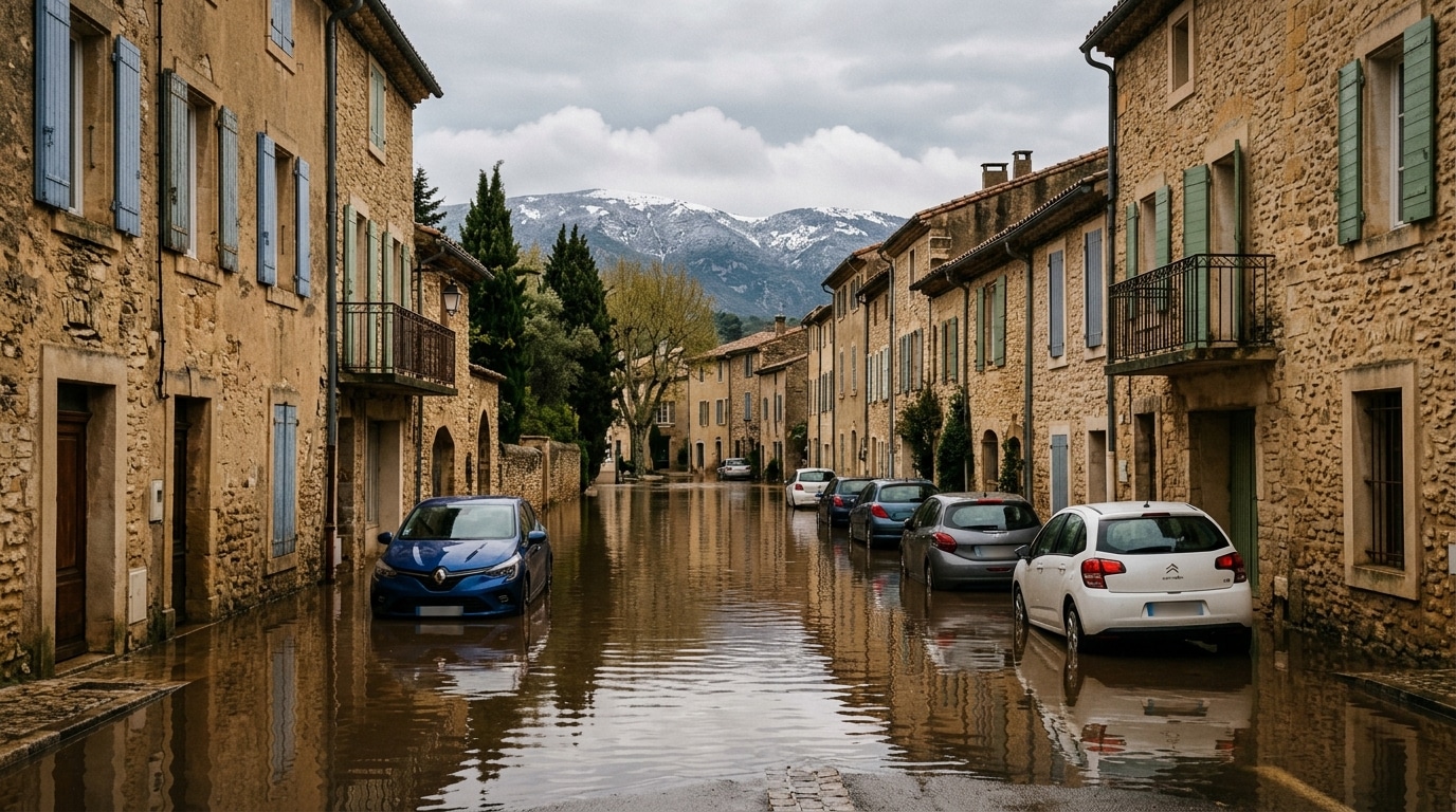 Rue inondée d'un village du sud, montagnes enneigées au fond