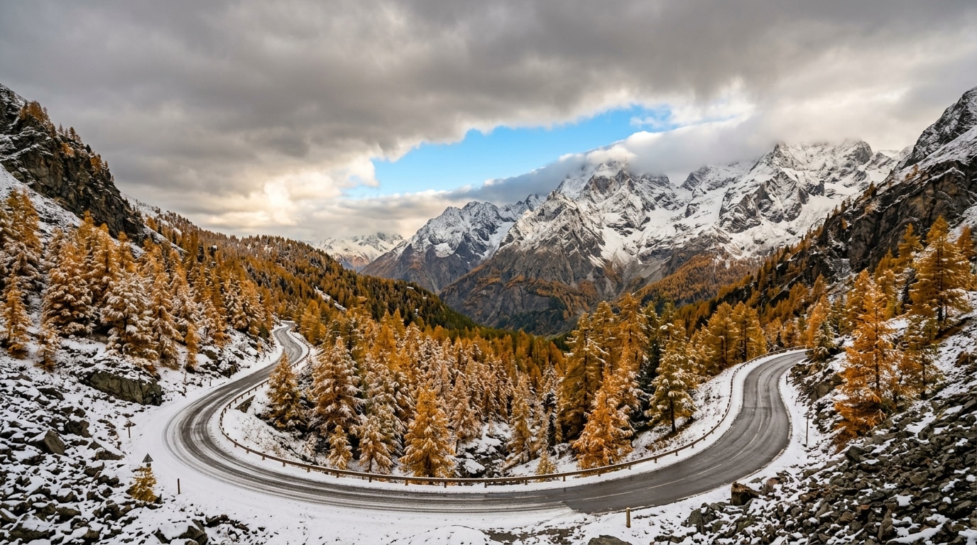 Route de montagne saupoudrée de première neige d'automne