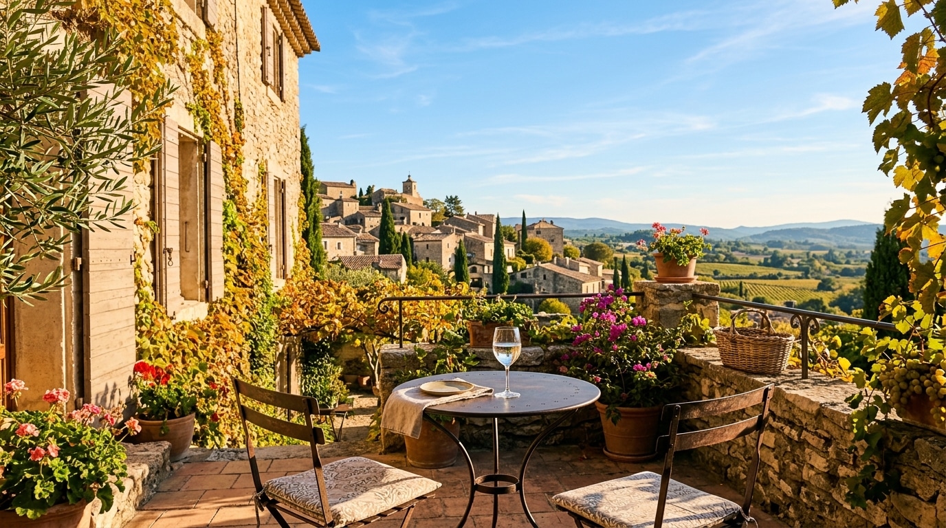 Terrasse ensoleillée d'un village du Sud en octobre