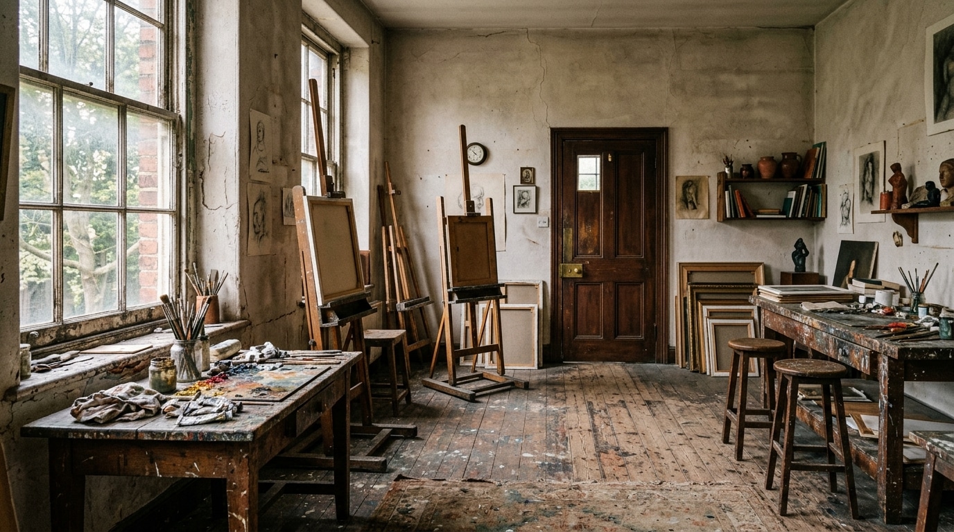 Atelier d'artistes vide aux chevalets poussiéreux