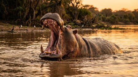 Hippopotame gueule ouverte dans une rivière africaine