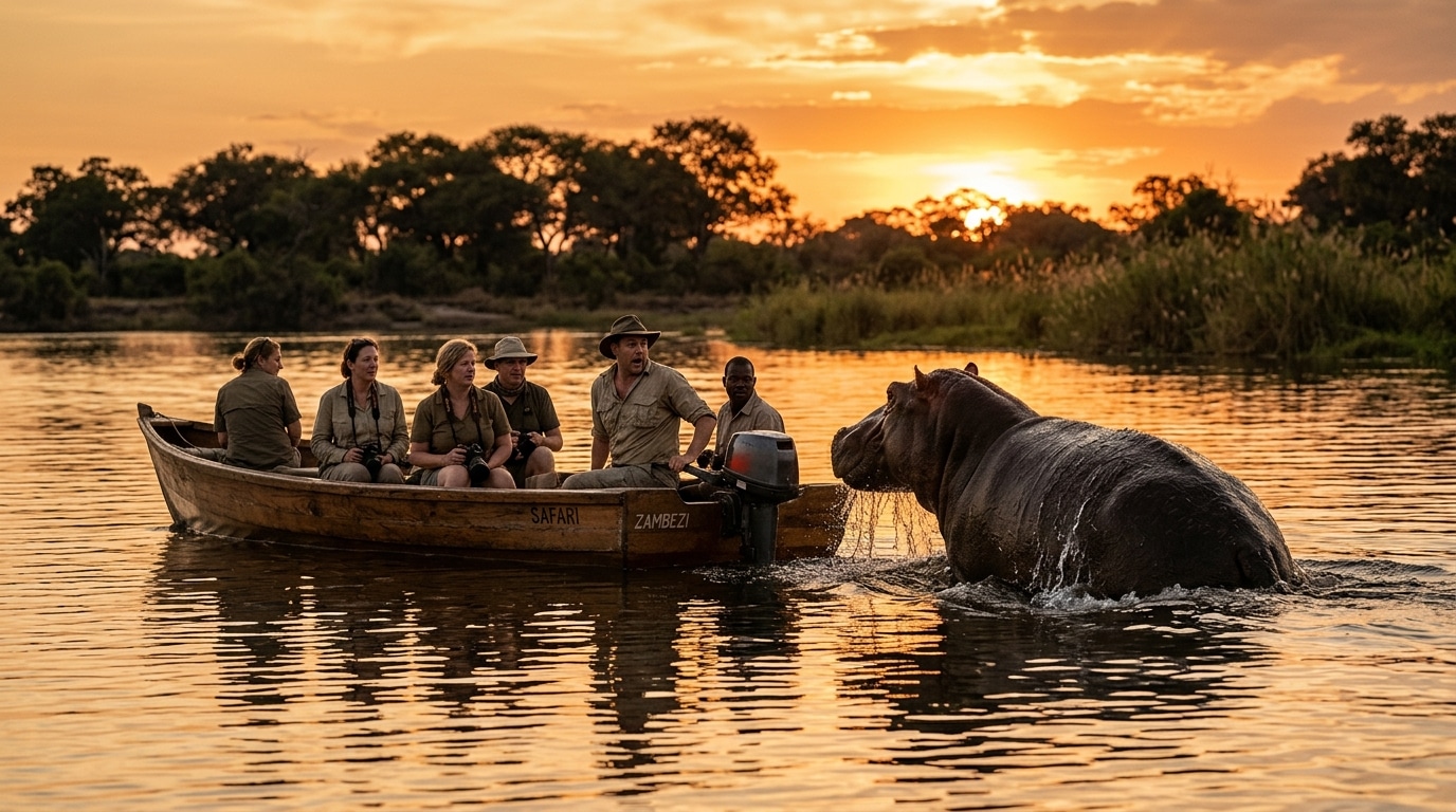 Bateau de safari frôlé par un hippopotame à la surface