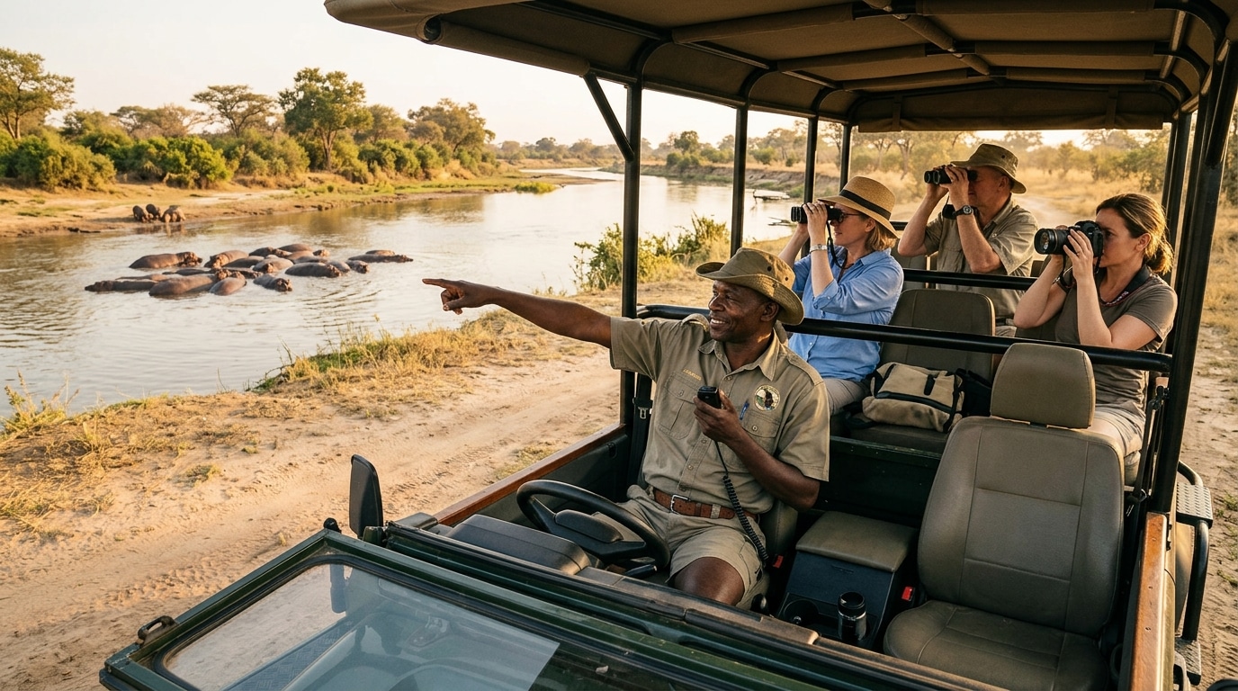 Guide de safari montrant des hippopotames depuis un jeep