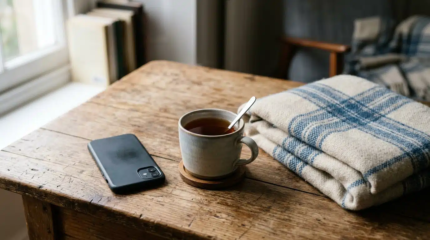 Téléphone retourné sur une table près d'une tasse