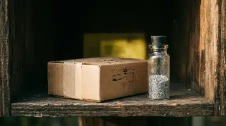 Colis et fiole métallique sur une boîte aux lettres